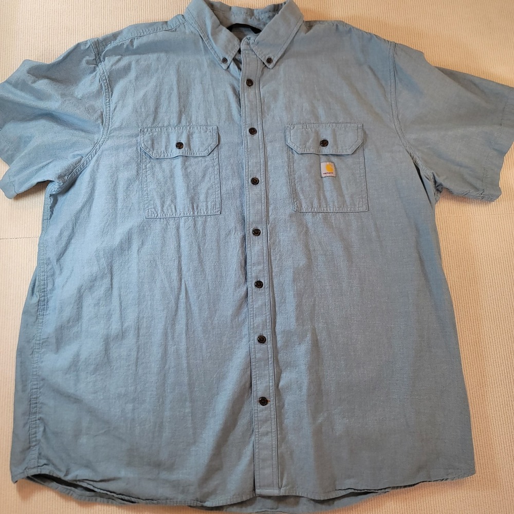 Carhartt Shirt Mens 3XL Light Blue Chambray Short Sleeve Loose Fit Work Utility